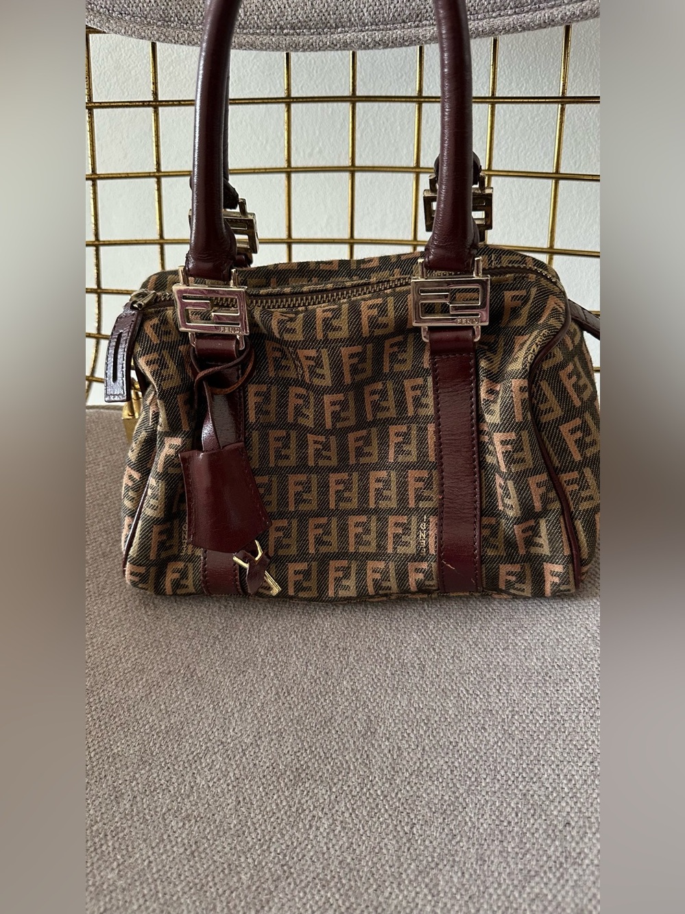 Fendi Brown Zucca Mini  bauletto Satchel with Burgundy Trim